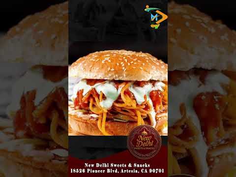 Street-Style Aloo Tikki Noodle Burger New Delhi Sweets Artesia! #indianfood #noodleburger #artesia
