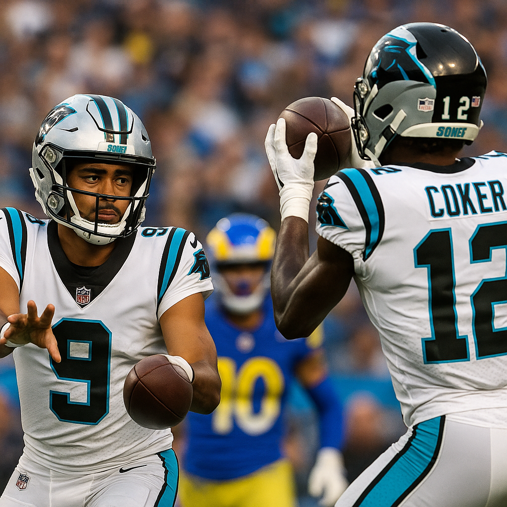 Bryce Young finds Jalen Coker for seven-yard TD, giving Panthers lead over Rams | NFL Highlights